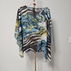 Chicos Abstract Art Zebra Animal Print Blue Top Ponco Shirt Size S/M.